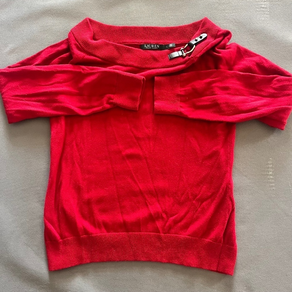 Lauren Ralph Lauren Red Cotton Buckle Neck Detail Long Sleeve Sweater M